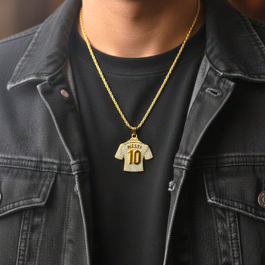 JERSEY 10 - GOLDEN - 45mm Pure Titanium Steel Pendant with 24inch Twisted 4mm Golden Chain for Men & Boys - THE MEN THING