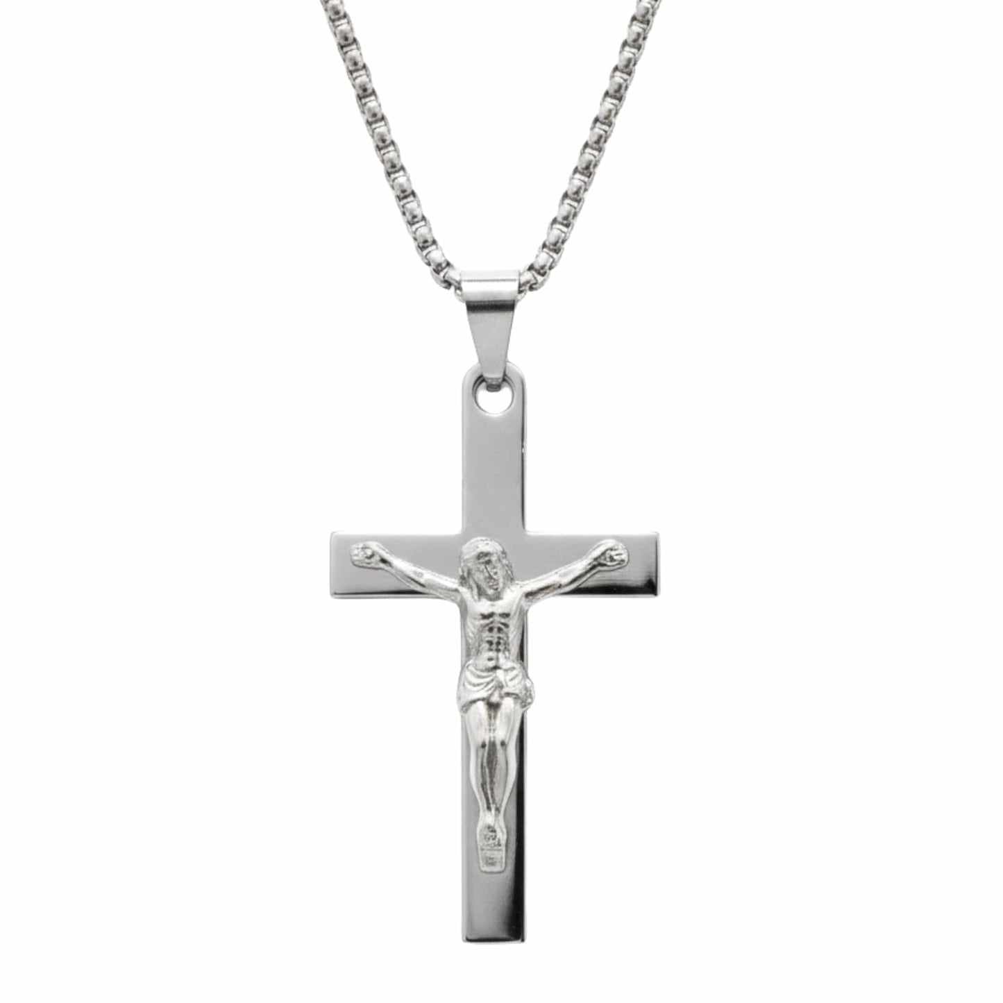 JESUS CHRIST CROSS - 27mm Pure Titanium Steel Pendant with 27inch Round Box 4mm Chain for Men & Boys — SS Pendant/ Necklace for Men | THE MEN THING
