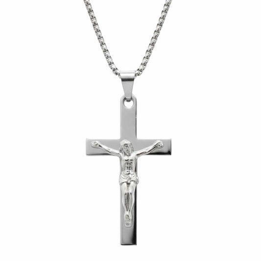 JESUS CHRIST CROSS - 27mm Pure Titanium Steel Pendant with 27inch Round Box 4mm Chain for Men & Boys - THE MEN THING