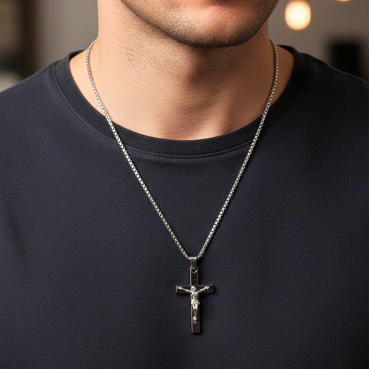 JESUS CHRIST CROSS - 27mm Pure Titanium Steel Pendant with 27inch Round Box 4mm Chain for Men & Boys - THE MEN THING