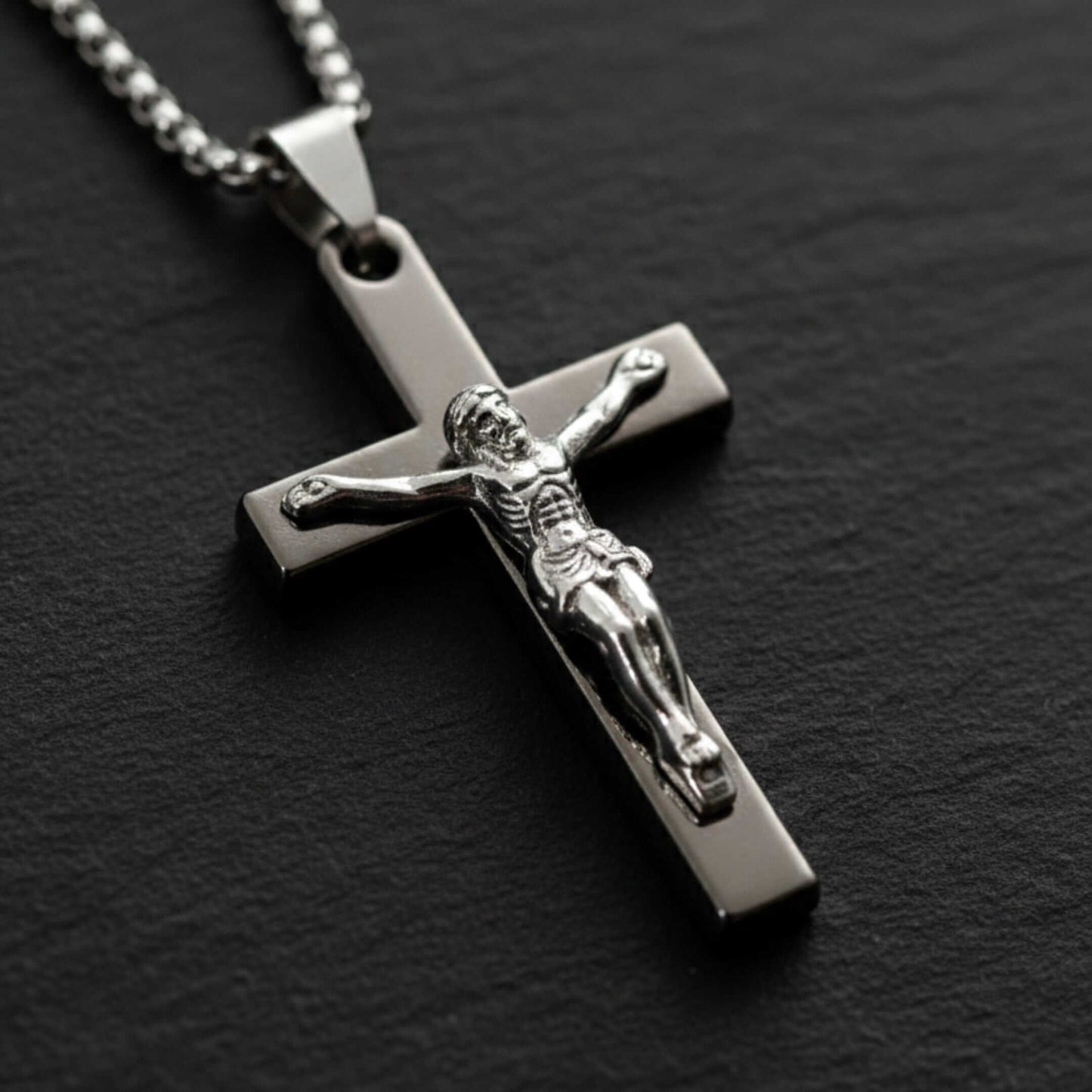 JESUS CHRIST CROSS - 27mm Pure Titanium Steel Pendant with 27inch Round Box 4mm Chain for Men & Boys — SS Pendant/ Necklace for Men | THE MEN THING