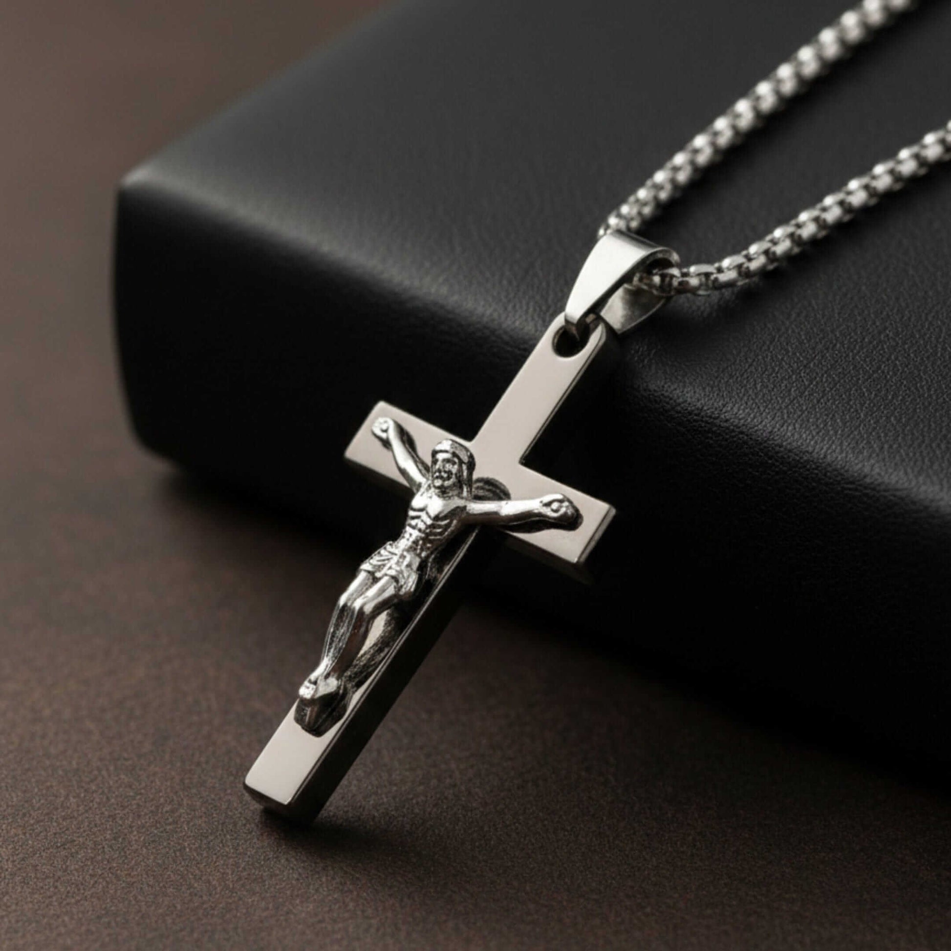 JESUS CHRIST CROSS - 27mm Pure Titanium Steel Pendant with 27inch Round Box 4mm Chain for Men & Boys — SS Pendant/ Necklace for Men | THE MEN THING