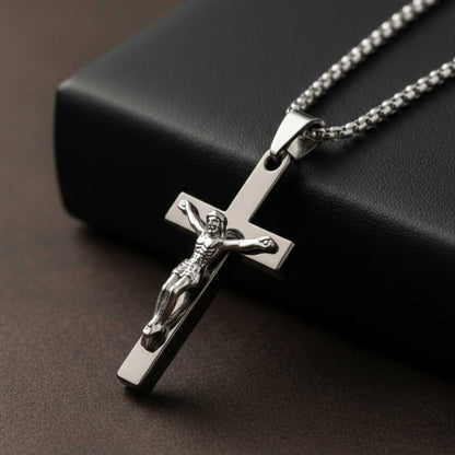 JESUS CHRIST CROSS - 27mm Pure Titanium Steel Pendant with 27inch Round Box 4mm Chain for Men & Boys — SS Pendant/ Necklace for Men | THE MEN THING