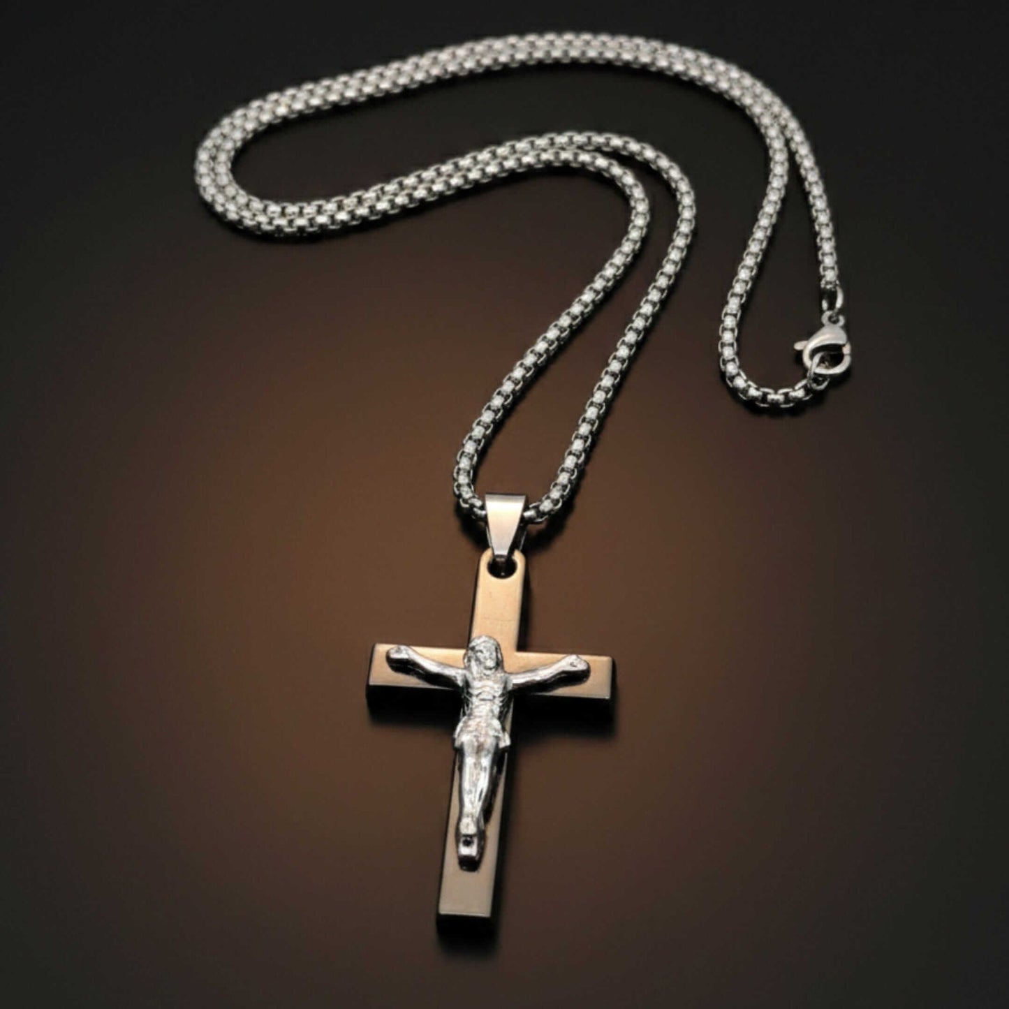 JESUS CHRIST CROSS - 27mm Pure Titanium Steel Pendant with 27inch Round Box 4mm Chain for Men & Boys — SS Pendant/ Necklace for Men | THE MEN THING