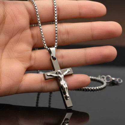 JESUS CHRIST CROSS - 27mm Pure Titanium Steel Pendant with 27inch Round Box 4mm Chain for Men & Boys — SS Pendant/ Necklace for Men | THE MEN THING