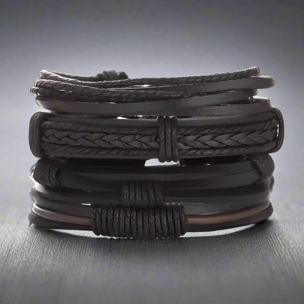 JET BRAIDED -  4 Pcs Genuine Braided Leather Bracelet Set for Men & Boys (8 inch) - THE MEN THING