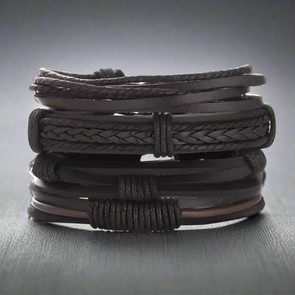 JET BRAIDED -  4 Pcs Genuine Braided Leather Bracelet Set for Men & Boys (8 inch) - THE MEN THING