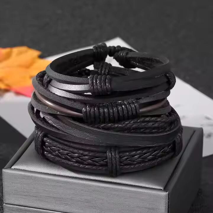 JET BRAIDED -  4 Pcs Genuine Braided Leather Bracelet Set for Men & Boys (8 inch) - THE MEN THING