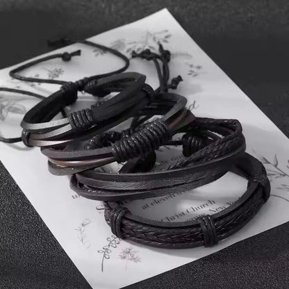 JET BRAIDED -  4 Pcs Genuine Braided Leather Bracelet Set for Men & Boys (8 inch) - THE MEN THING