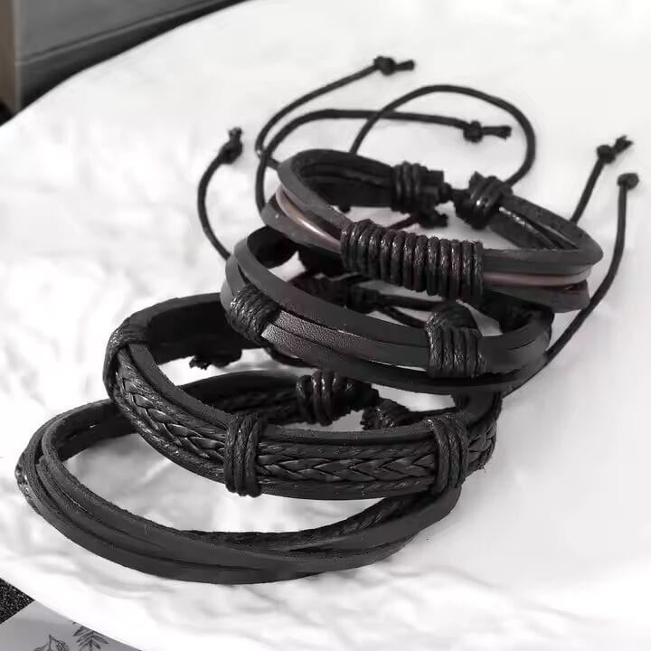 JET BRAIDED -  4 Pcs Genuine Braided Leather Bracelet Set for Men & Boys (8 inch) - THE MEN THING