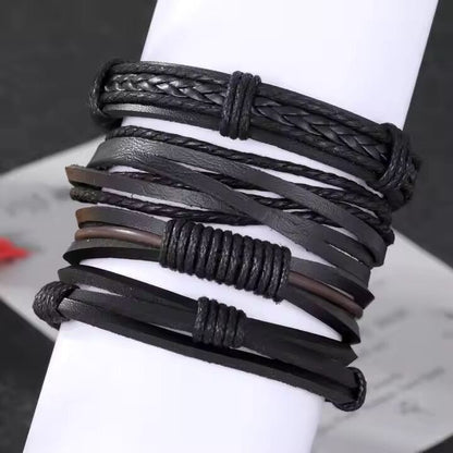 JET BRAIDED -  4 Pcs Genuine Braided Leather Bracelet Set for Men & Boys (8 inch) - THE MEN THING