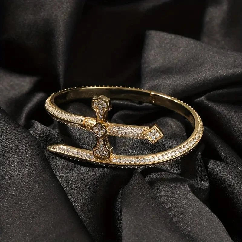 JUSTICE SWORD GOLD - "7"mm Alloy Bracelet With Faux Diamonds for Men & Boys (8 inch) — Steel Bracelets for Men | THE MEN THING