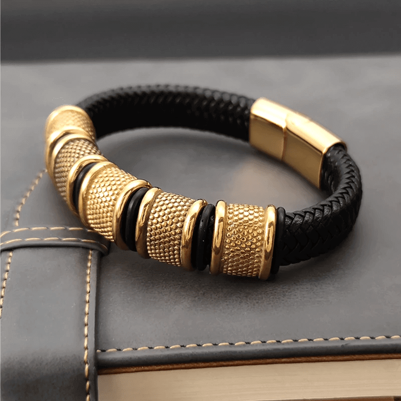 KAIROS RADIANT GOLD - Genuine Leather Braided Bracelet with Stainless Steel Magnetic Buckle for Men & Boys (8 inch) - THE MEN THING