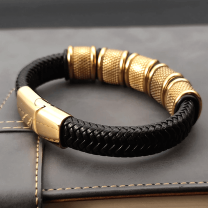 KAIROS RADIANT GOLD - Genuine Leather Braided Bracelet with Stainless Steel Magnetic Buckle for Men & Boys (8 inch) - THE MEN THING