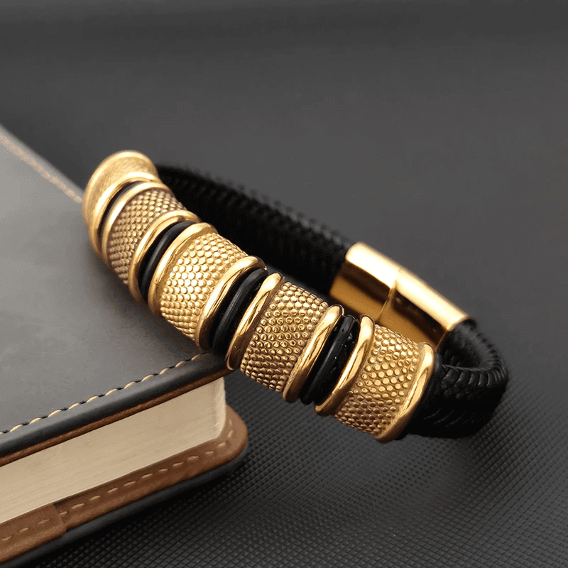 KAIROS RADIANT GOLD - Genuine Leather Braided Bracelet with Stainless Steel Magnetic Buckle for Men & Boys (8 inch) - THE MEN THING