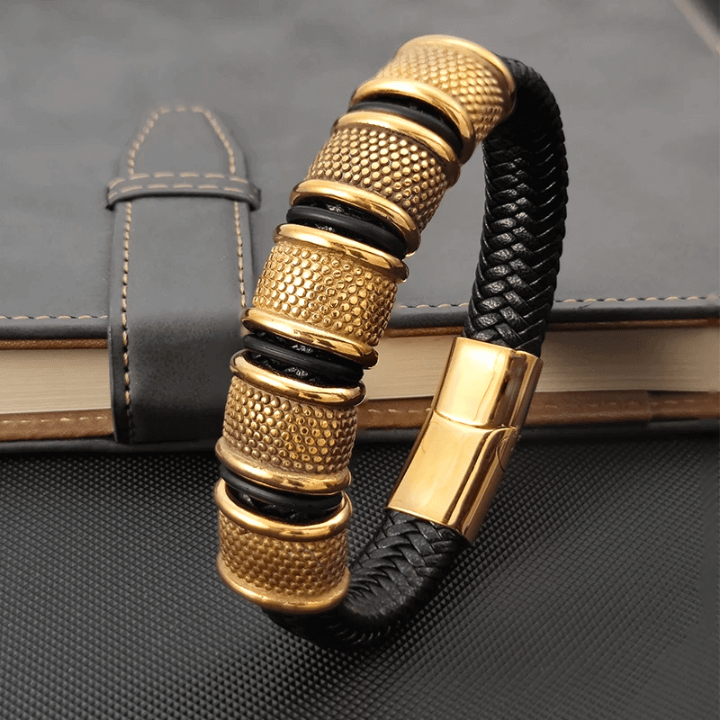KAIROS RADIANT GOLD - Genuine Leather Braided Bracelet with Stainless Steel Magnetic Buckle for Men & Boys (8 inch) - THE MEN THING
