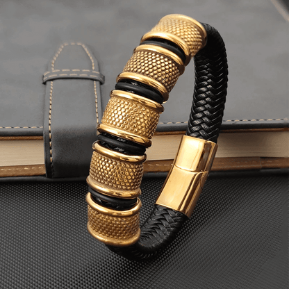 KAIROS RADIANT GOLD - Genuine Leather Braided Bracelet with Stainless Steel Magnetic Buckle for Men & Boys (8 inch) - THE MEN THING