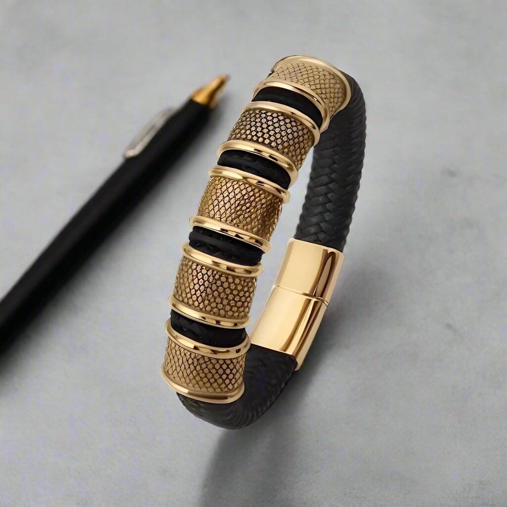 KAIROS RADIANT GOLD - Genuine Leather Braided Bracelet with Stainless Steel Magnetic Buckle for Men & Boys (8 inch) - THE MEN THING