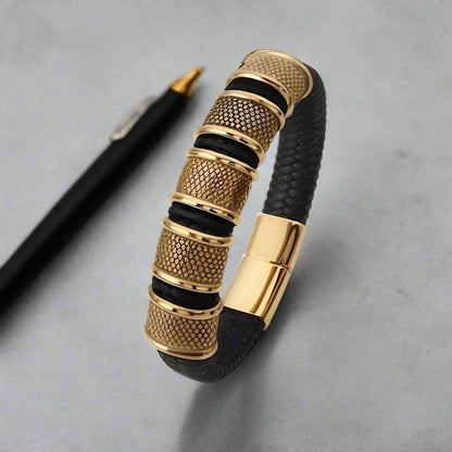KAIROS RADIANT GOLD - Genuine Leather Braided Bracelet with Stainless Steel Magnetic Buckle for Men & Boys (8 inch) - THE MEN THING