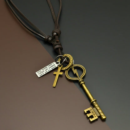 KEY OF VALOR – 3-Inch Pure Stainless Steel Pendant with Adjustable Leather Rope for Men & Boys - THE MEN THING
