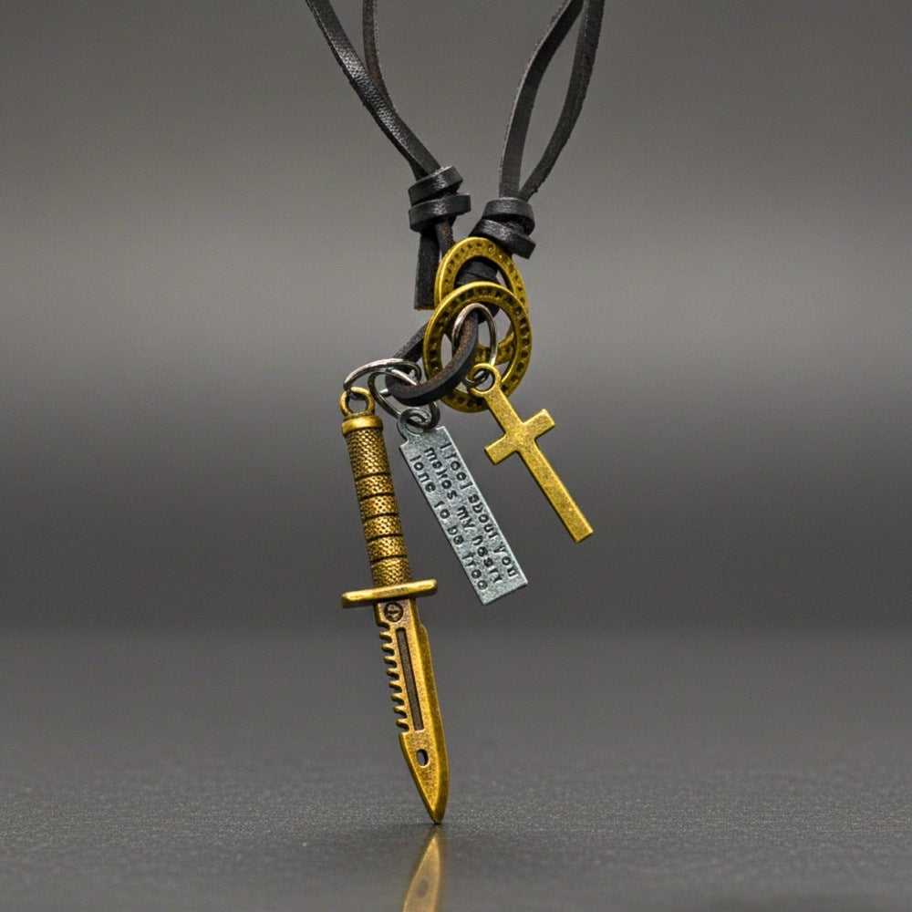 KNIGHT GOLDEN SWORD – 2.5-Inch Pure Stainless Steel Pendant with Adjustable Leather Rope for Men & Boys - THE MEN THING
