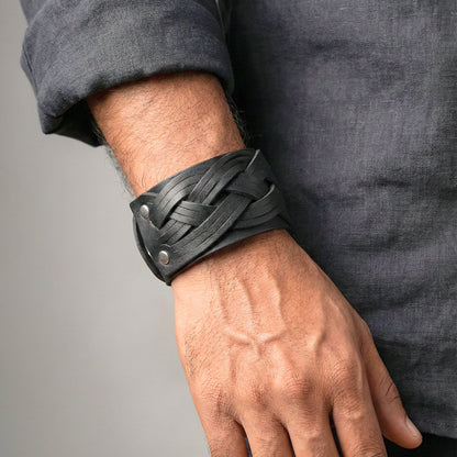 KNIGHTS WEAVE - 40mm Black Genuine Leather Adjustable Bracelet for Men & Boys (7-7.8-8.4 inch) - THE MEN THING