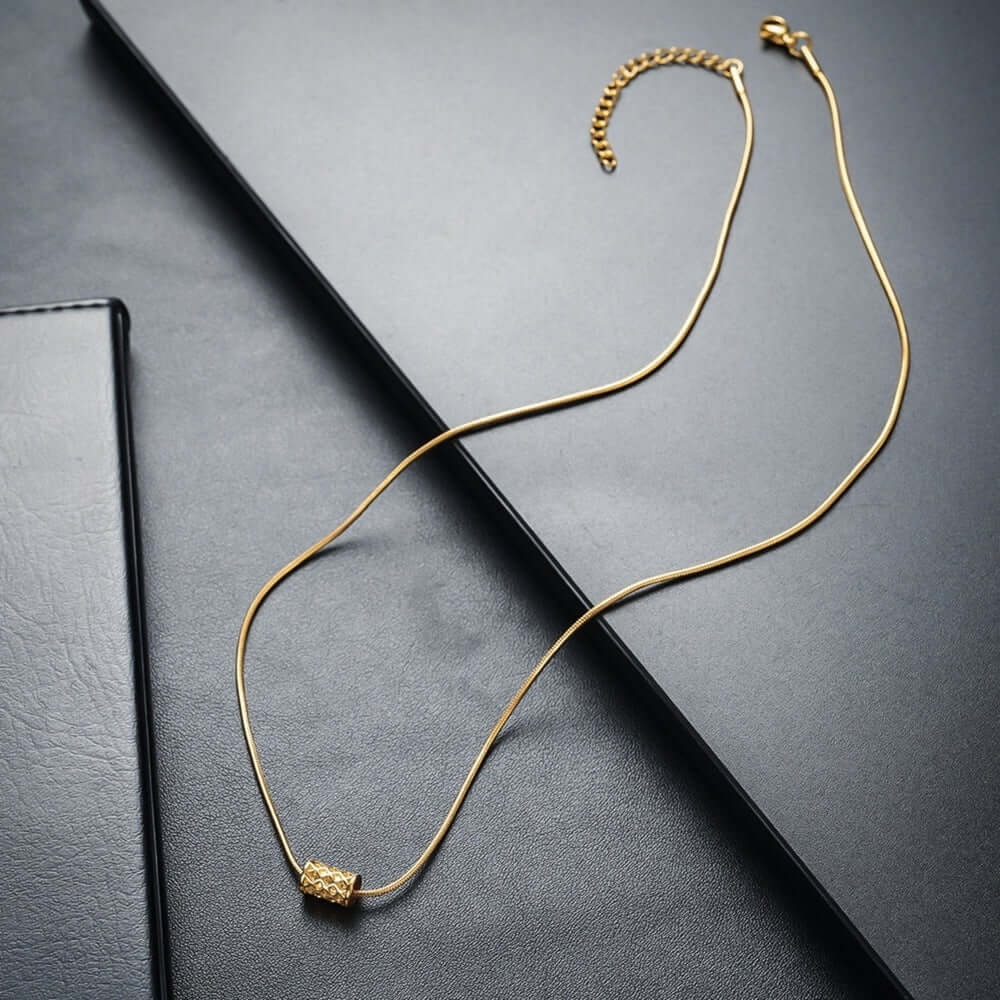 LATTICE CYLINDER - GOLDEN - 11mm Pure Titanium Steel Pendant with 19 to21 inch Adjustable Snake 3mm Golden Chain for Men & Boys — SS Pendant/ Necklace for Men | THE MEN THING