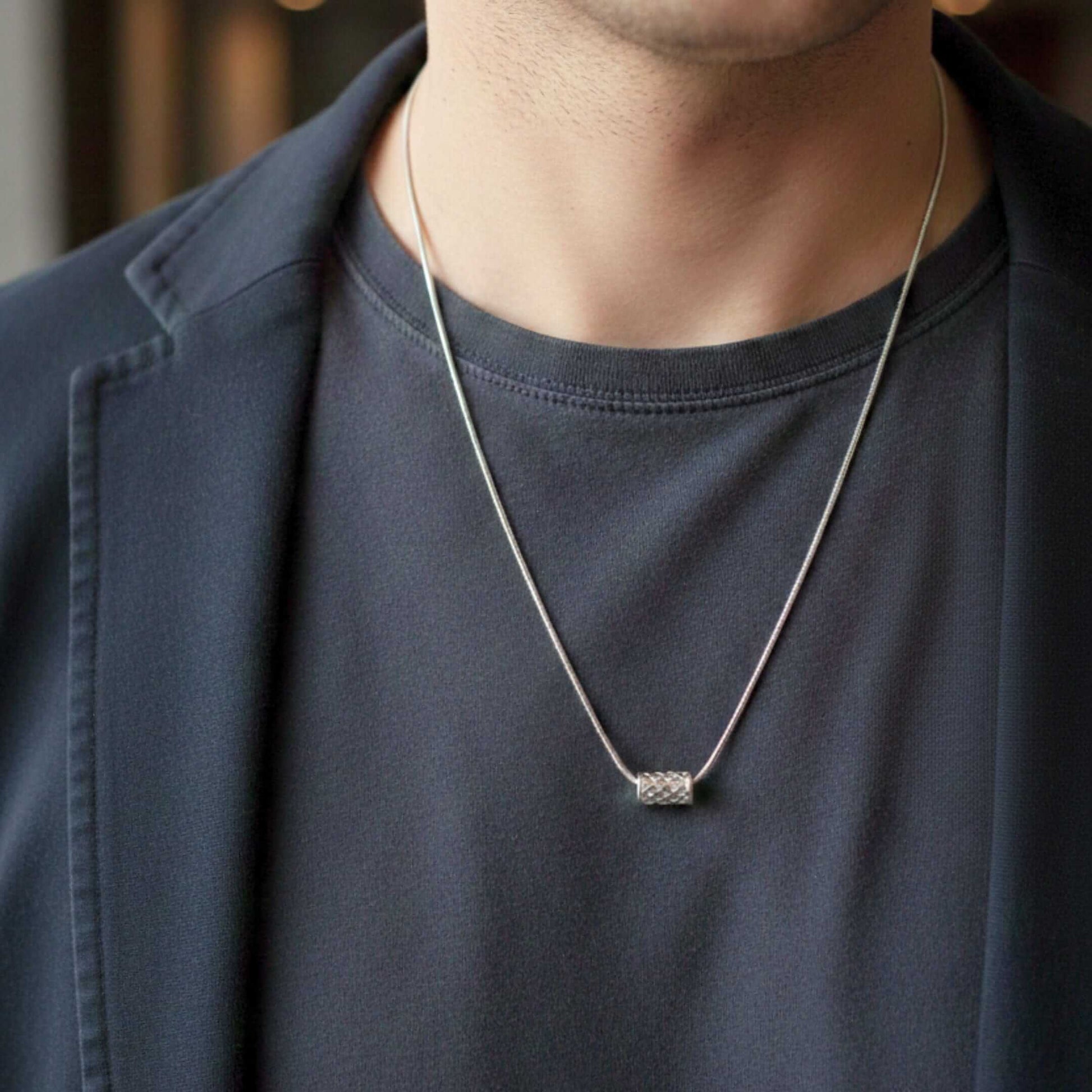 LATTICE CYLINDER - STEEL - 7mm Pure Titanium Steel Pendant with 19inch Snake 3mm Steel Chain for Men & Boys — SS Pendant/ Necklace for Men | THE MEN THING