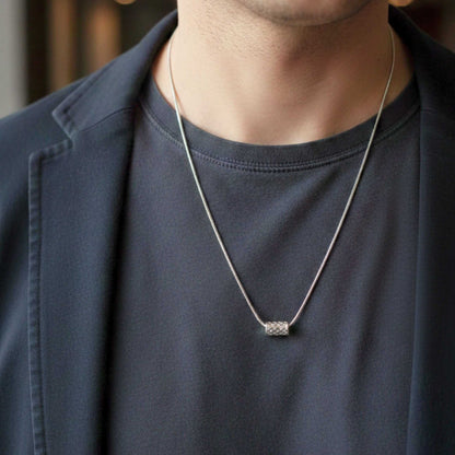 LATTICE CYLINDER - STEEL - 7mm Pure Titanium Steel Pendant with 19inch Snake 3mm Steel Chain for Men & Boys — SS Pendant/ Necklace for Men | THE MEN THING