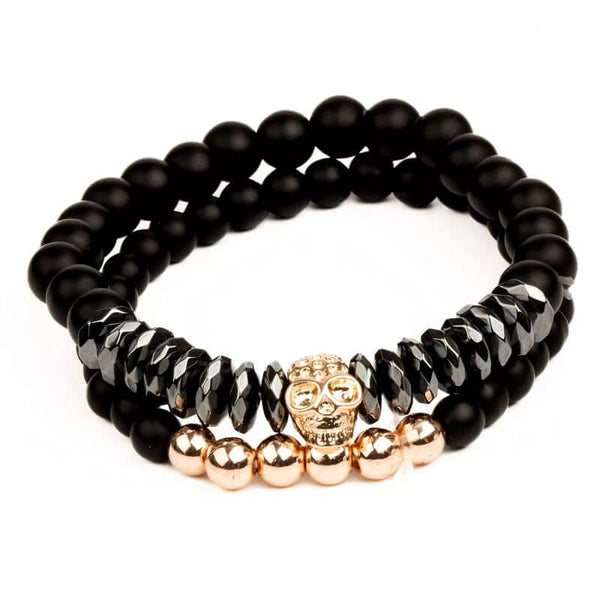 LAVA EMBRACE SKUL DUO- Black Gold Tone - Beads Bracelet with Natural Volcanic Stone - 7inch Stretch Bracelet