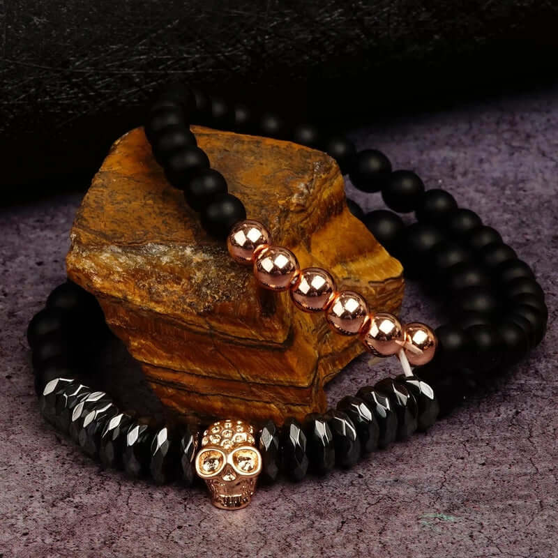 LAVA EMBRACE SKUL DUO- Black Gold Tone - Beads Bracelet with Natural Volcanic Stone - 7inch Stretch Bracelet - THE MEN THING