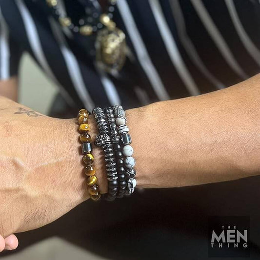 LAVA EMBRACE SKUL DUO- Black Silver tone -  Beads Bracelet with Natural Volcanic Stone - 7inch Stretch Bracelet - THE MEN THING
