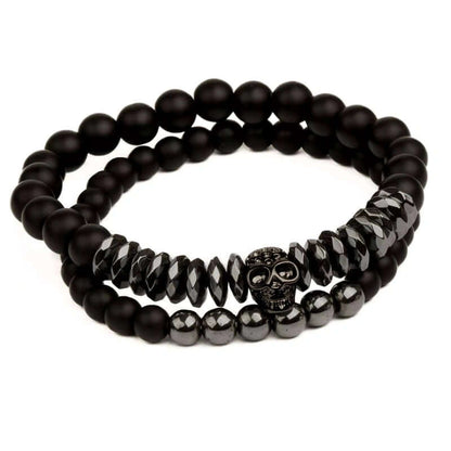 LAVA EMBRACE SKUL DUO- Black Silver tone -  Beads Bracelet with Natural Volcanic Stone - 7inch Stretch Bracelet - THE MEN THING
