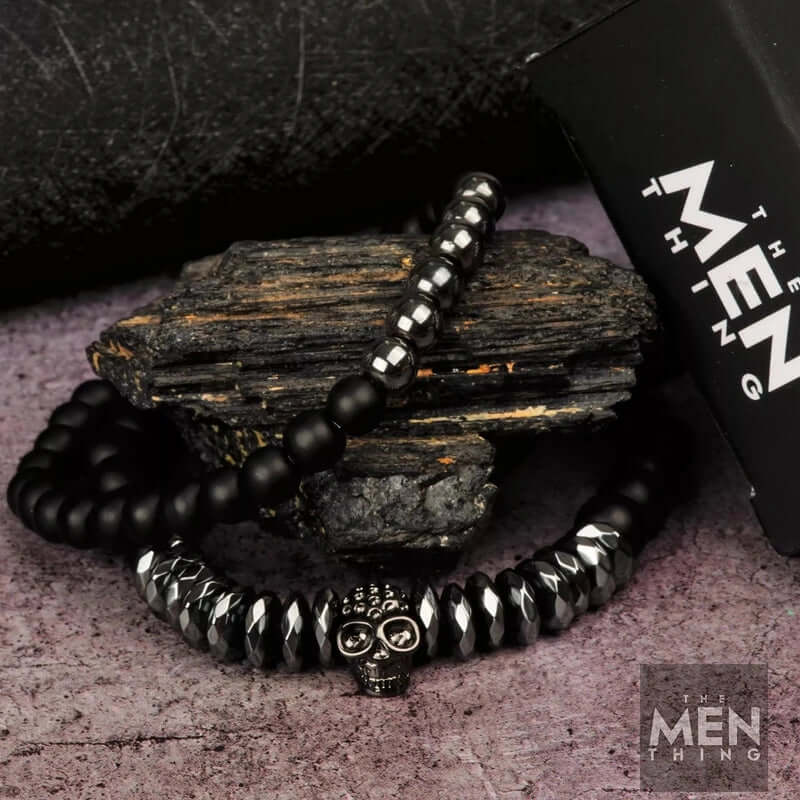 LAVA EMBRACE SKUL DUO- Black Silver tone -  Beads Bracelet with Natural Volcanic Stone - 7inch Stretch Bracelet - THE MEN THING