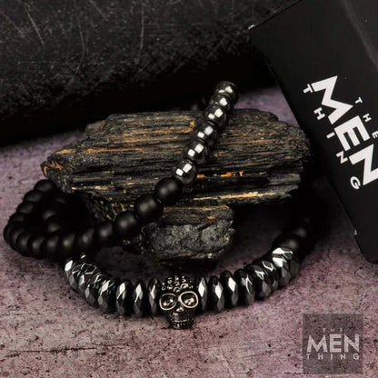 LAVA EMBRACE SKUL DUO- Black Silver tone -  Beads Bracelet with Natural Volcanic Stone - 7inch Stretch Bracelet - THE MEN THING