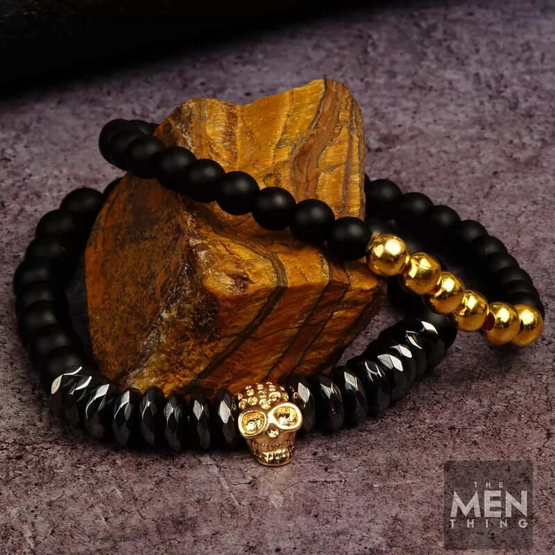 LAVA EMBRACE SKULL DUO - Gold Toned- Beads Bracelet with Natural Volcanic Stone - 7inch Stretch Bracelet - THE MEN THING