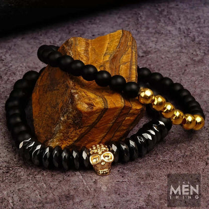 LAVA EMBRACE SKULL DUO - Gold Toned- Beads Bracelet with Natural Volcanic Stone - 7inch Stretch Bracelet - THE MEN THING