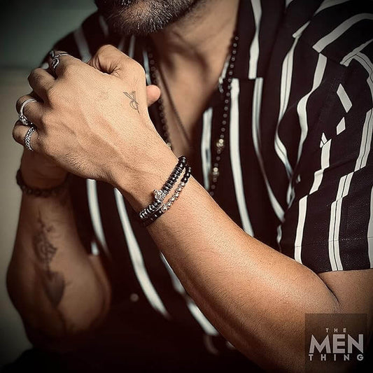 LAVA EMBRACE SKULL DUO - Gold Toned- Beads Bracelet with Natural Volcanic Stone - 7inch Stretch Bracelet - THE MEN THING