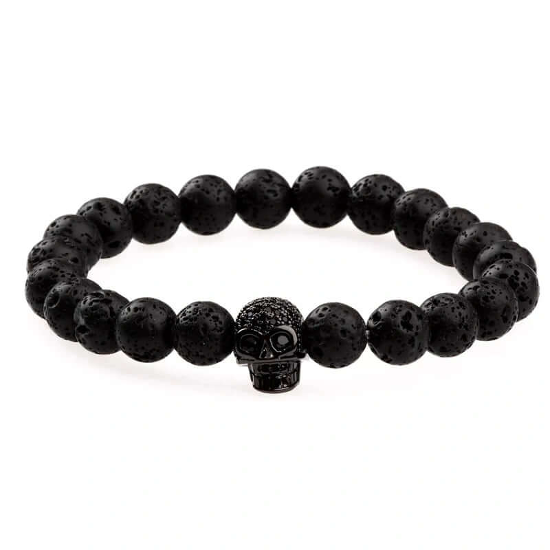 LAVA SKULL DARK NIGHT - Beads Bracelet with Natural Volcanic Stone - 7inch Stretch Bracelet - THE MEN THING
