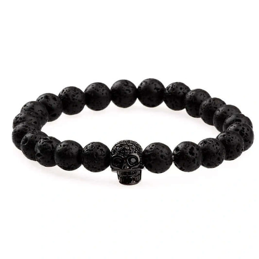 LAVA SKULL DARK NIGHT - Beads Bracelet with Natural Volcanic Stone - 7inch Stretch Bracelet - THE MEN THING