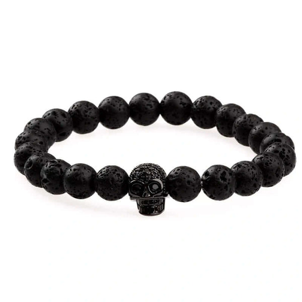 LAVA SKULL DARK NIGHT - Beads Bracelet with Natural Volcanic Stone - 7inch Stretch Bracelet