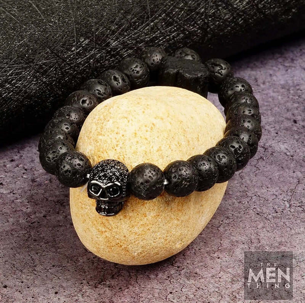 LAVA SKULL DARK NIGHT - Beads Bracelet with Natural Volcanic Stone - 7inch Stretch Bracelet