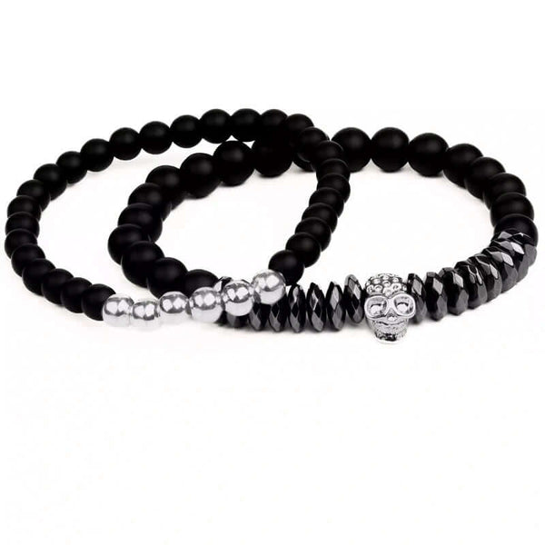 LAVA SKULL DOUBLE TROUBLE - Super Stylish Beads Bracelet with Natural Volcanic Stone - 7inch Stretch Bracelet