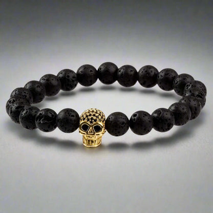 LAVA SKULL GOLD TONE - Beads Bracelet with Natural Volcanic Stone - 7inch Stretch Bracelet - THE MEN THING