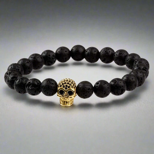 LAVA SKULL GOLD TONE - Beads Bracelet with Natural Volcanic Stone - 7inch Stretch Bracelet