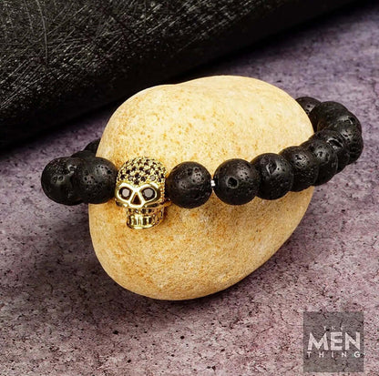 LAVA SKULL GOLD TONE - Beads Bracelet with Natural Volcanic Stone - 7inch Stretch Bracelet - THE MEN THING