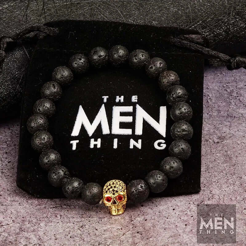 LAVA SKULL RED EYE - Beads Bracelet with Natural Volcanic Stone - 7inch Stretch Bracelet - THE MEN THING