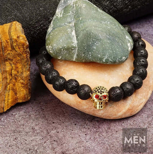 LAVA SKULL RED EYE - Beads Bracelet with Natural Volcanic Stone - 7inch Stretch Bracelet