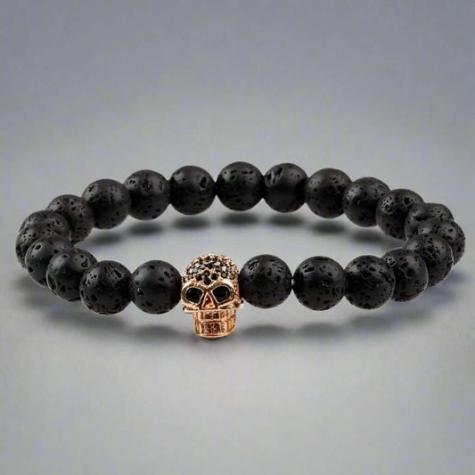 LAVA SKULL ROSE GOLD TONE - Beads Bracelet with Natural Volcanic Stone - 7inch Stretch Bracelet - THE MEN THING