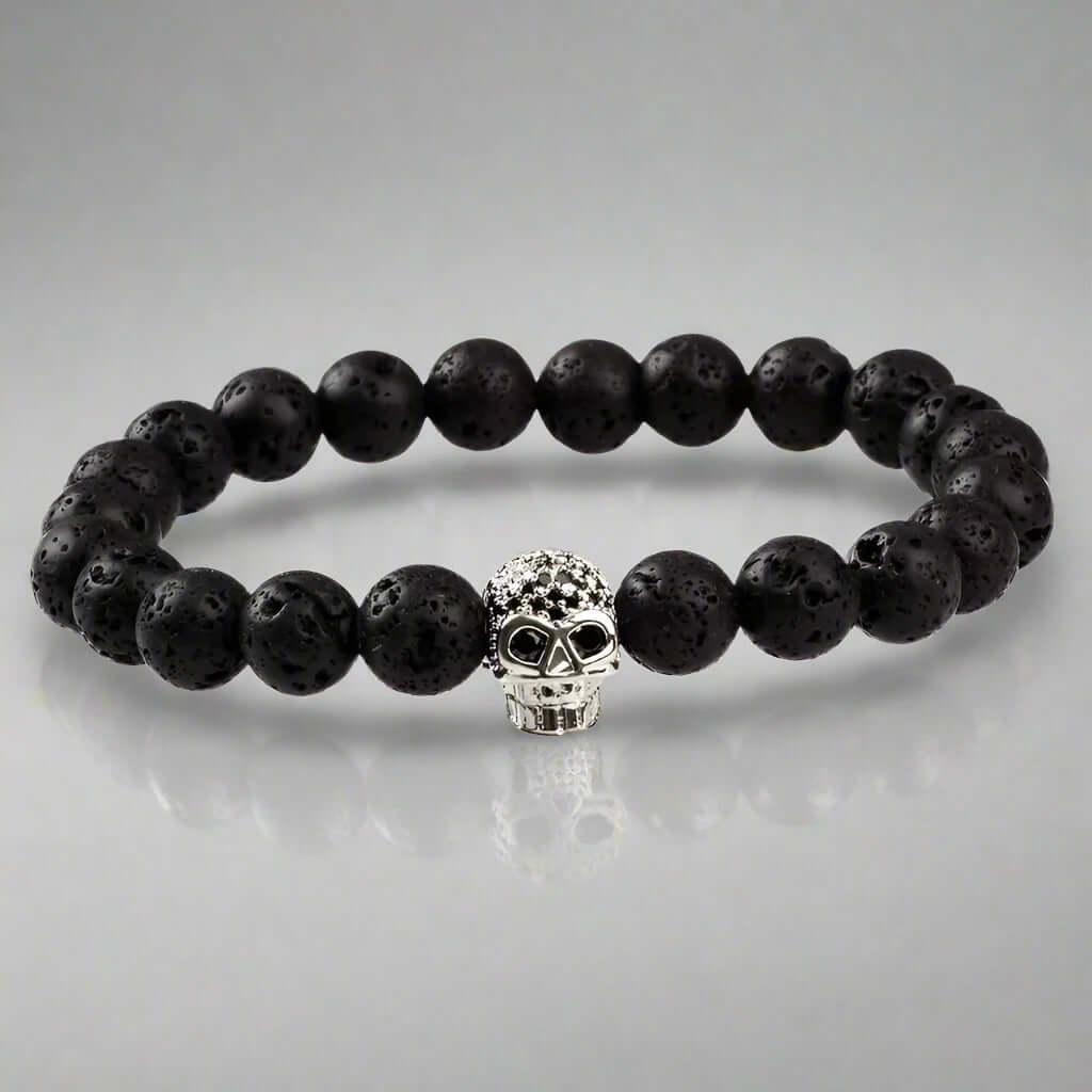 LAVA SKULL SILVER TONE - Beads Bracelet with Natural Volcanic Stone - 7inch Stretch Bracelet — Bead Bracelet for Men | THE MEN THING